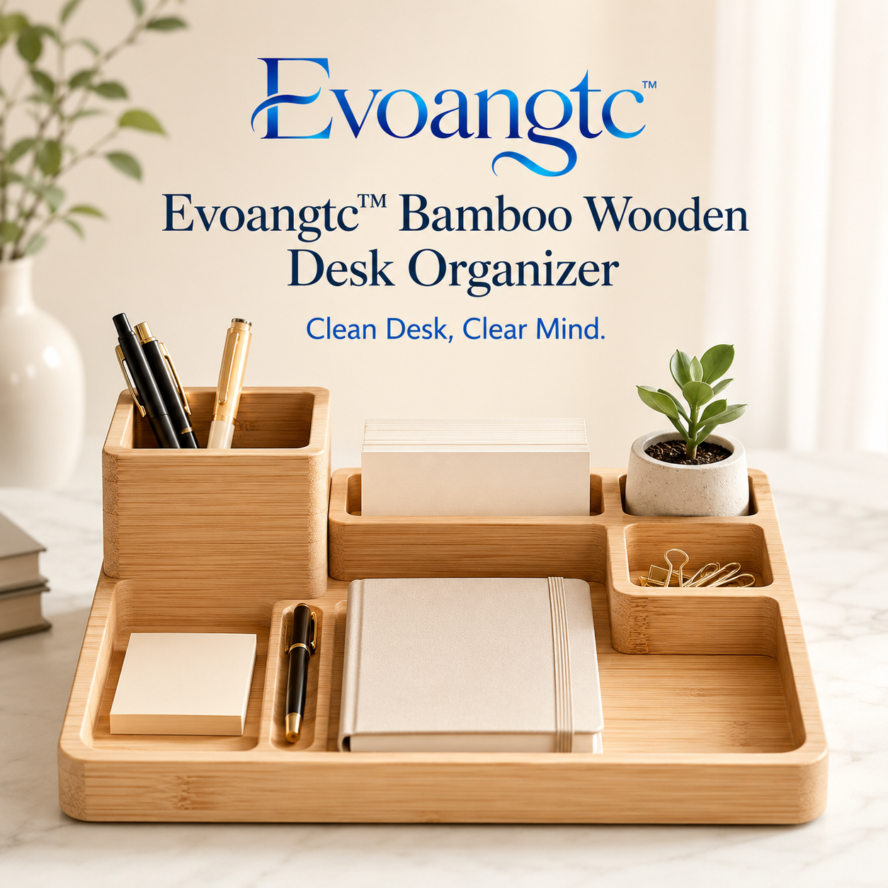 Evoangtc™ Bamboo Wooden Desk Organizer – Multifunctional Storage Tray, Office Supplies Holder