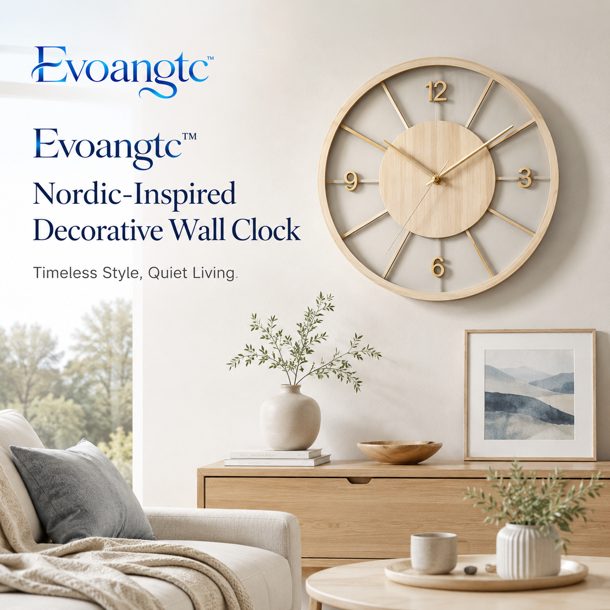 Evoangtc™ Nordic-Inspired Decorative Wall Clock – Modern Silent Quartz, Living Room Accent