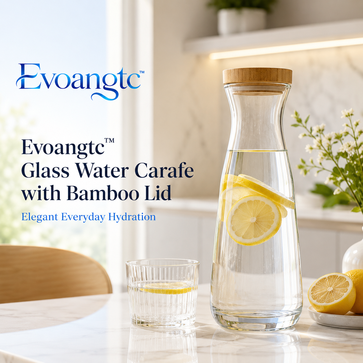 Evoangtc™ Glass Water Carafe with Bamboo Lid – Elegant Drinkware, Cold & Room Temperature Use